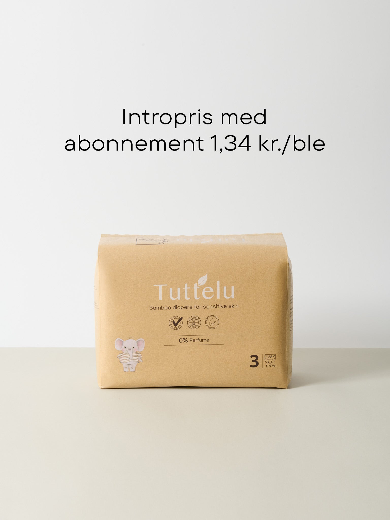 Pakke med 28 premium bambusbleer i størrelse 3, naturlig beige med nænsomt design og miljøvenligt udtryk.